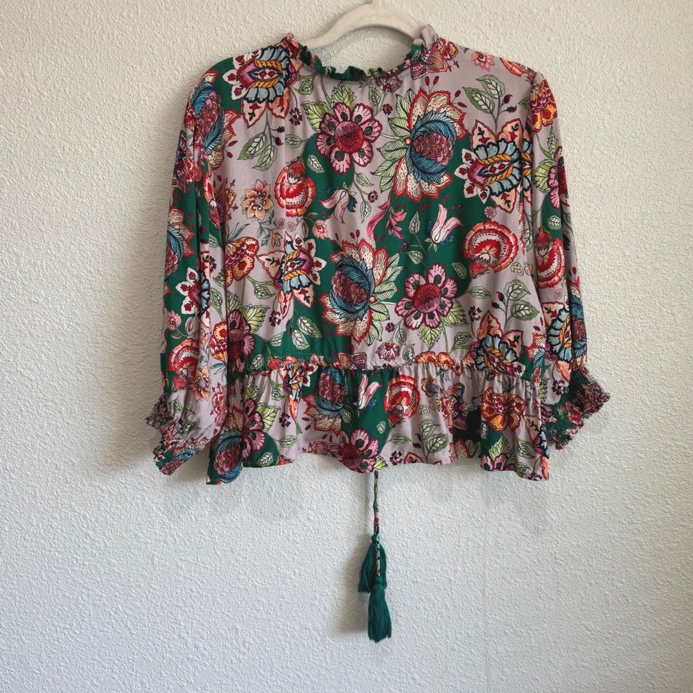 Natural Life Floral Boho Peplum Top Green‎ Pink Tassels Ruffle V-Neck Large Boho - Picture 9 of 9